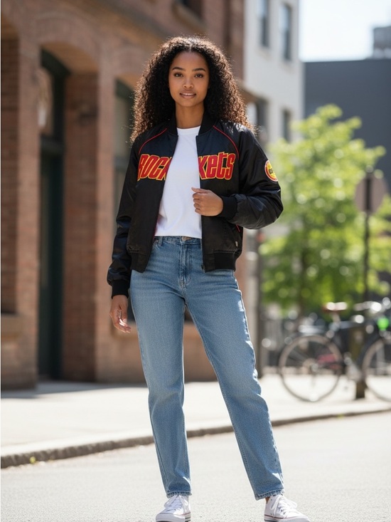 Hardwood Classic Jackets & Blazers - Vintage Houston Rockets Black Graphic Bomber Jacket with Red Trim - Women